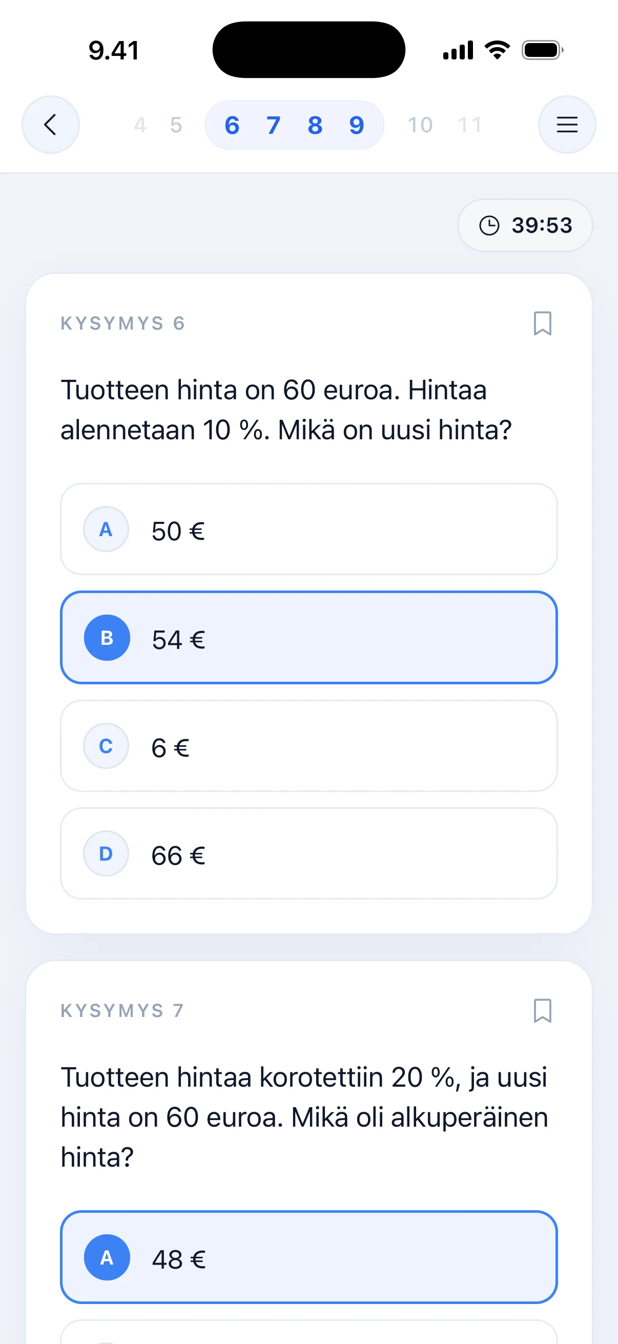 Ajastettu harjoituskoe Pääsy-sovelluksessa: jäljellä oleva aika ja kysymysten numerot.